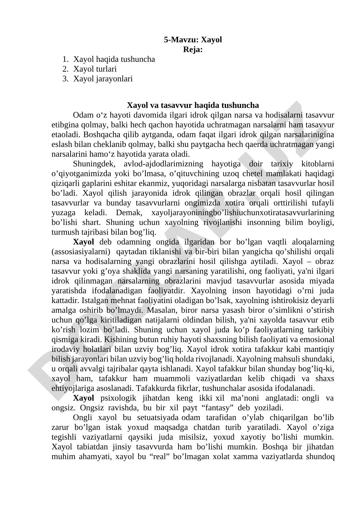 Xayol haqida tushuncha va uning turlari
