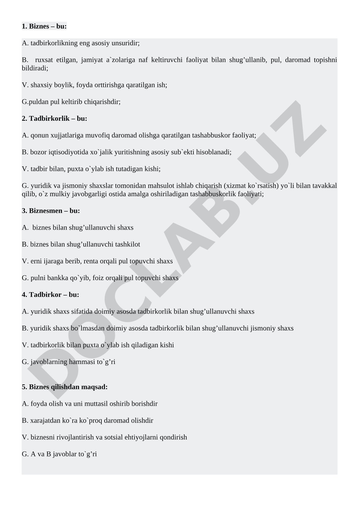 Biznes va tadbirkorlik test savollari
