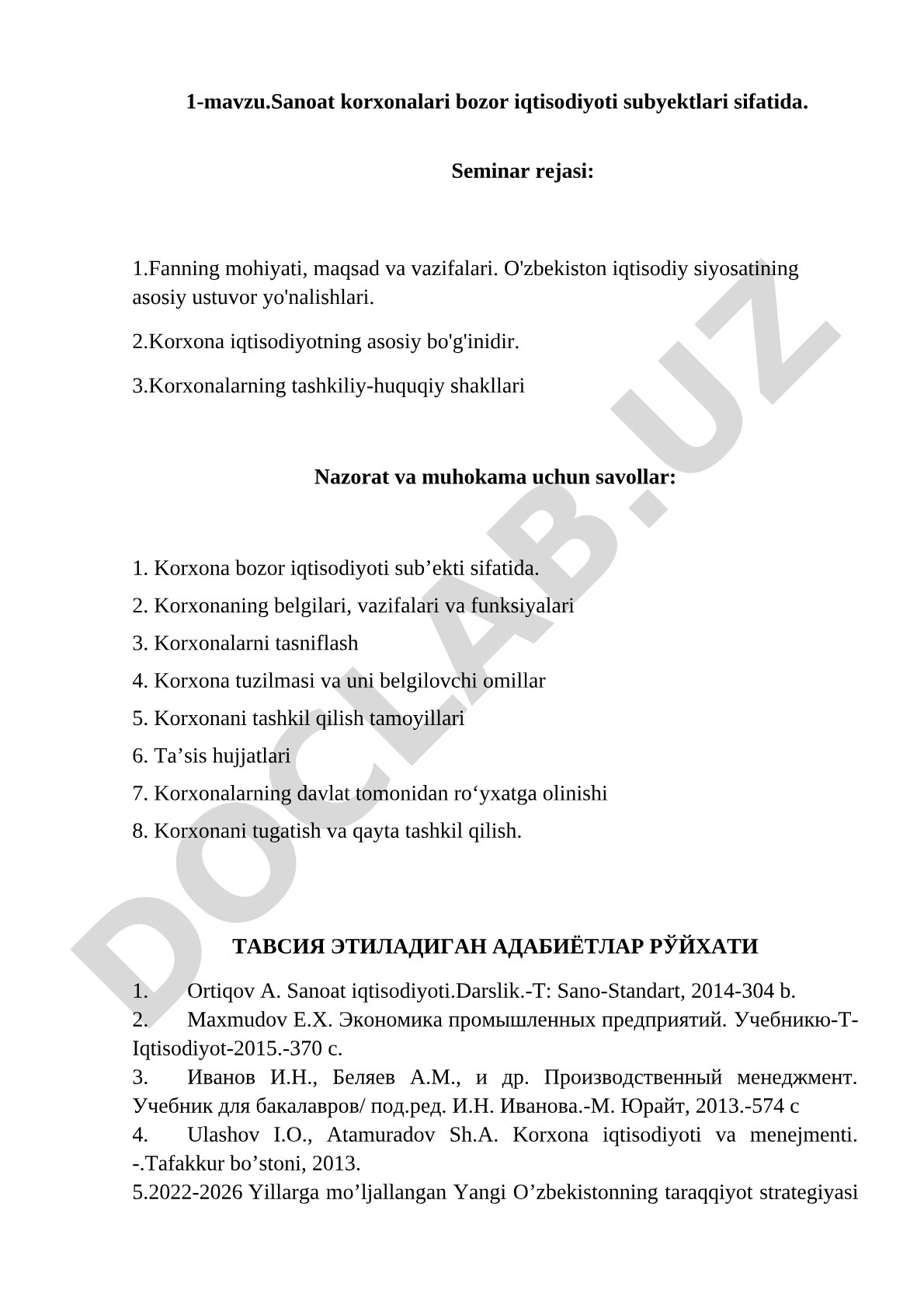 Sanoat korxonalari bozor iqtisodiyoti subyektlari sifatida