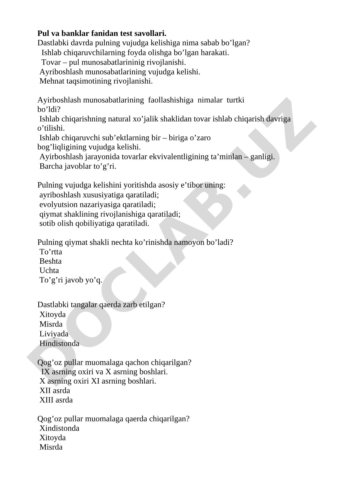 Pul va banklar fanidan test savollari