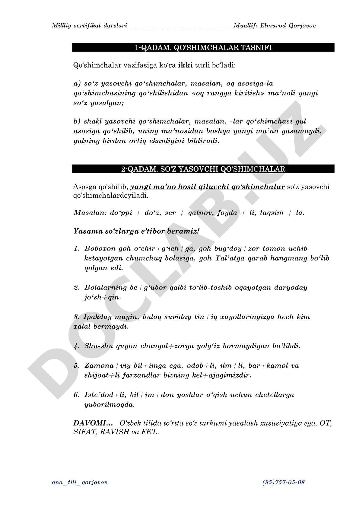 Qo‘shimchalarning turlari, so‘z yasovchi qo‘shimchalar va misollar bilan