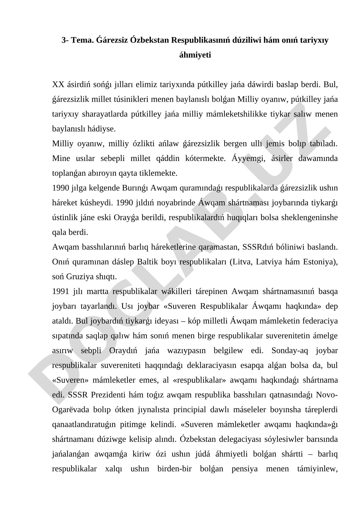 Ǵárezsiz Ózbekstan Respublikasınıń dúziliwi hám onıń tariyxıy áhmiyeti