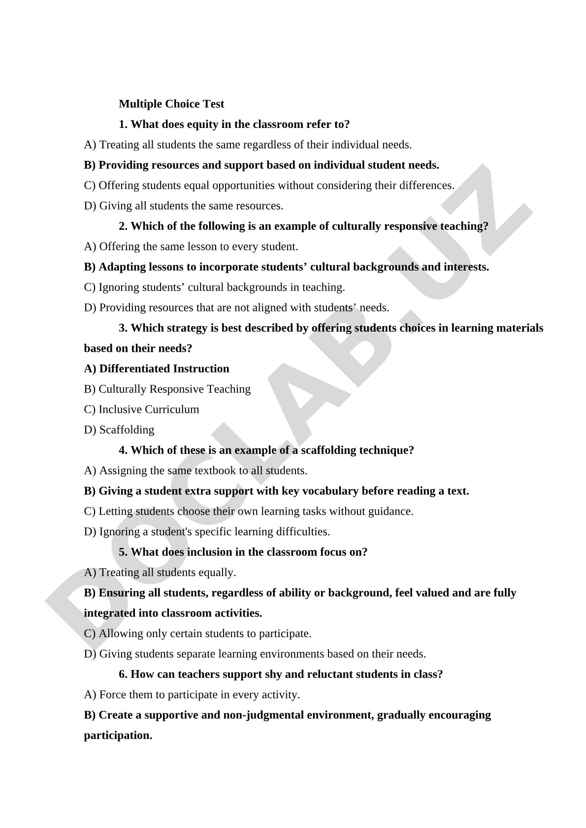 Multiple Choice Test on Equity and Inclusion in the Classroom