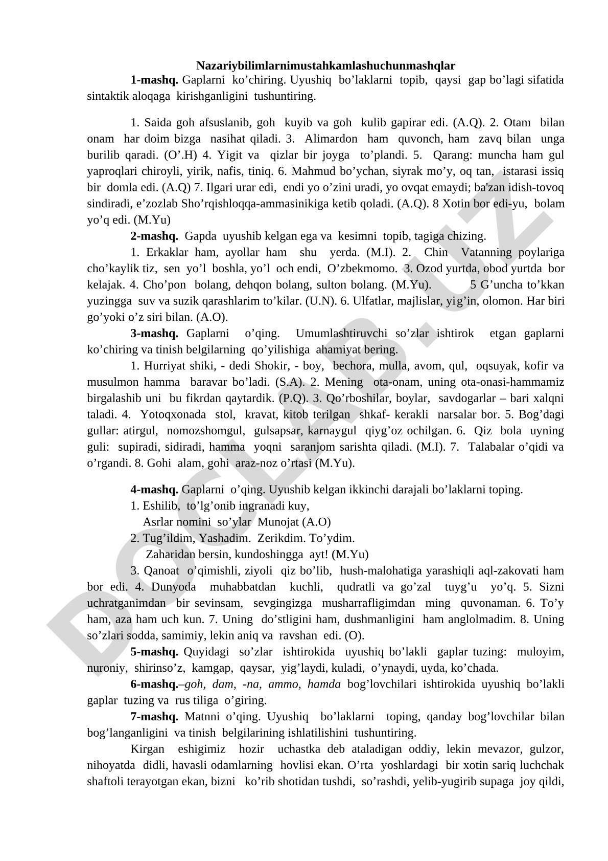Nazariy bilimlarni mustahkamlash uchun mashqlar