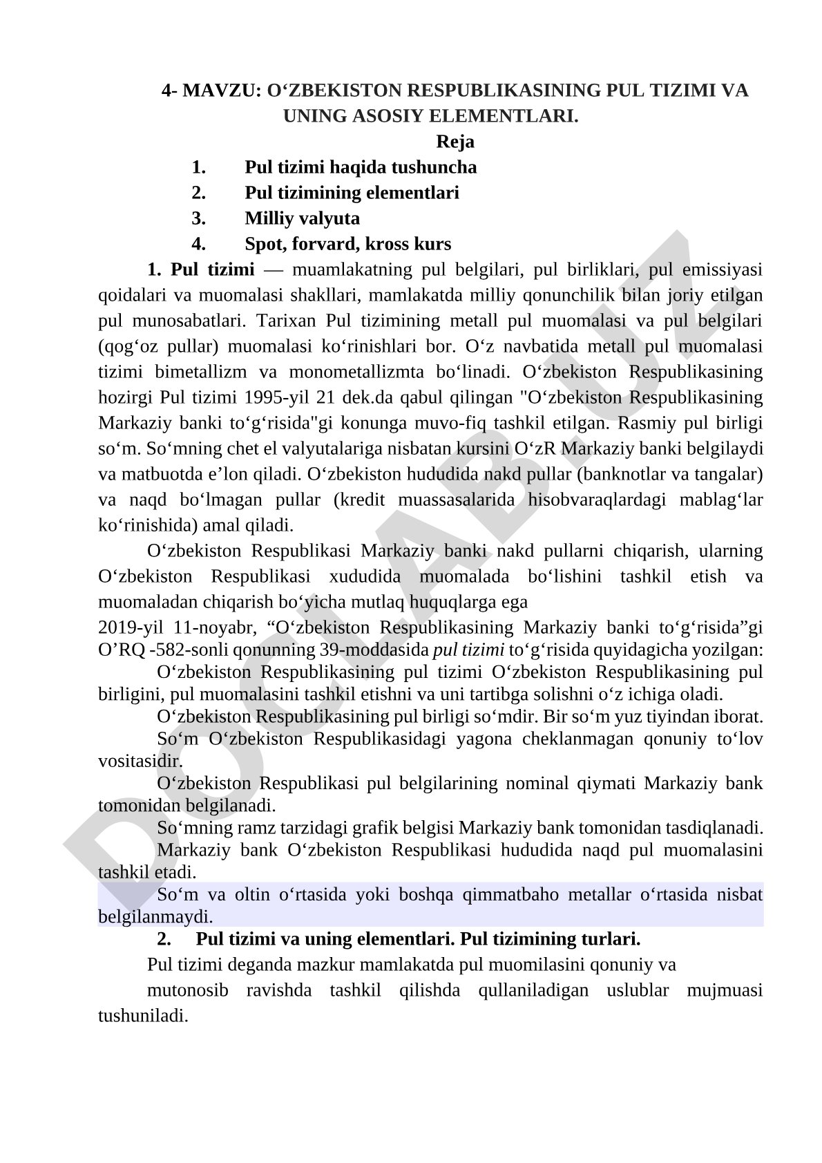 O‘zbekiston Respublikasining pul tizimi va uning asosiy elementlari