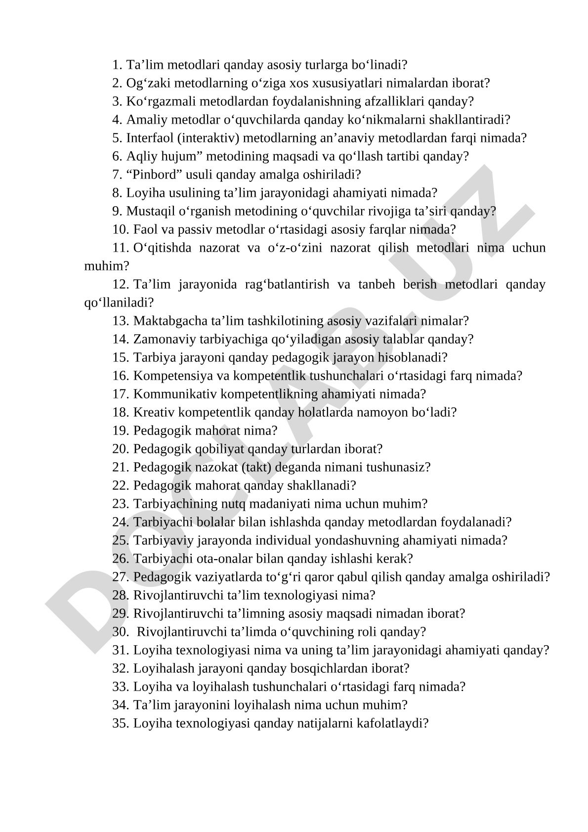 Ta'lim metodlari va pedagogik mahorat savollari