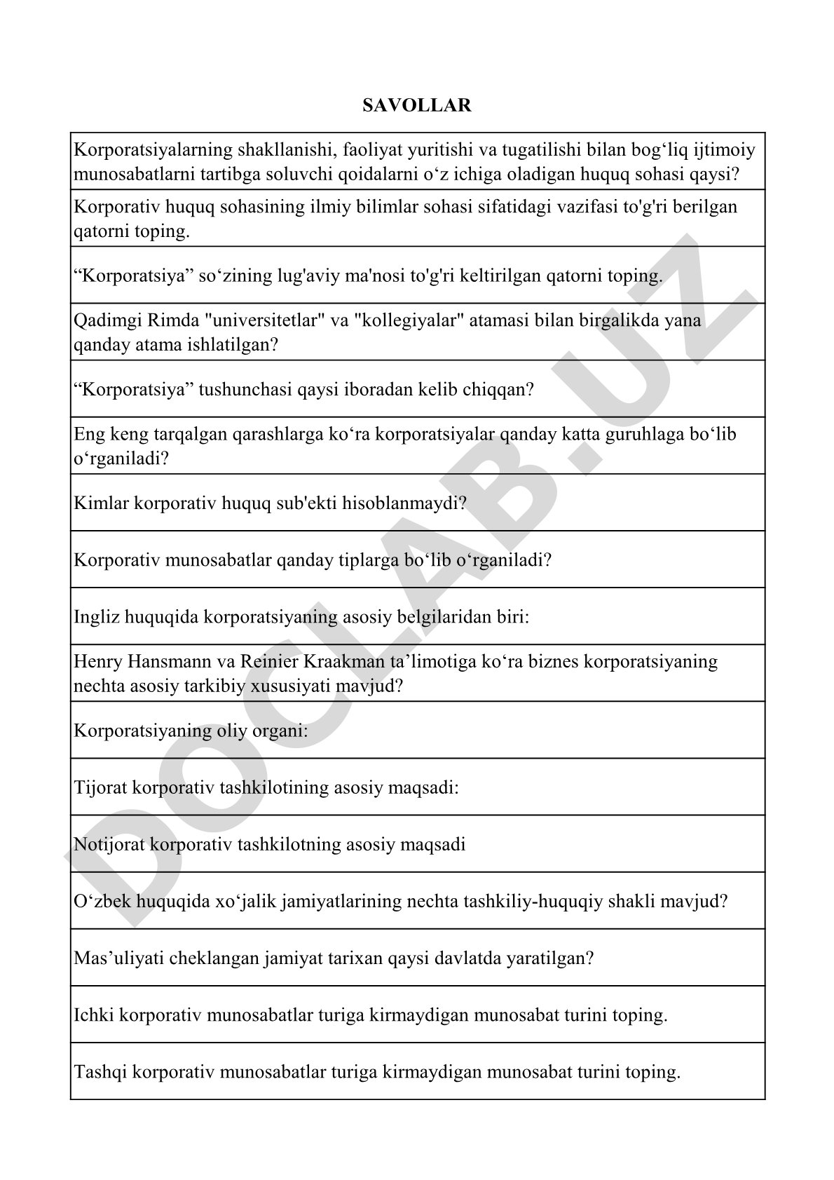 Korporativ huquq bo‘yicha test savollari