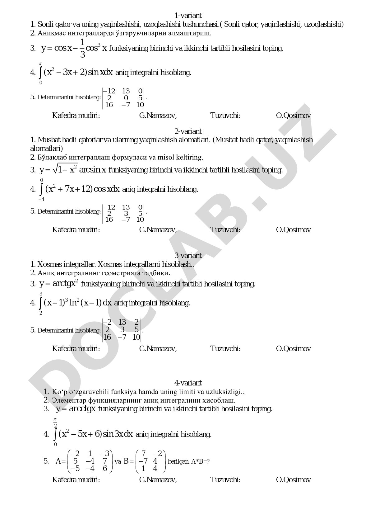 Sonli qatorlar, integrallar, hosilalar va determinantlar bo'yicha variantlar