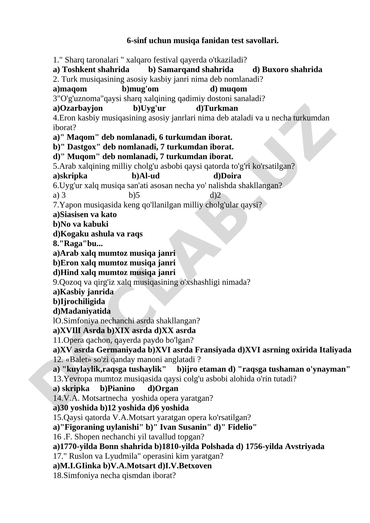 6-sinf uchun musiqa fanidan test savollari