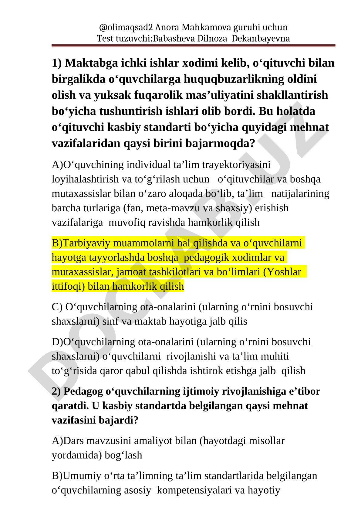 O'qituvchining kasbiy standartidagi mehnat vazifalari