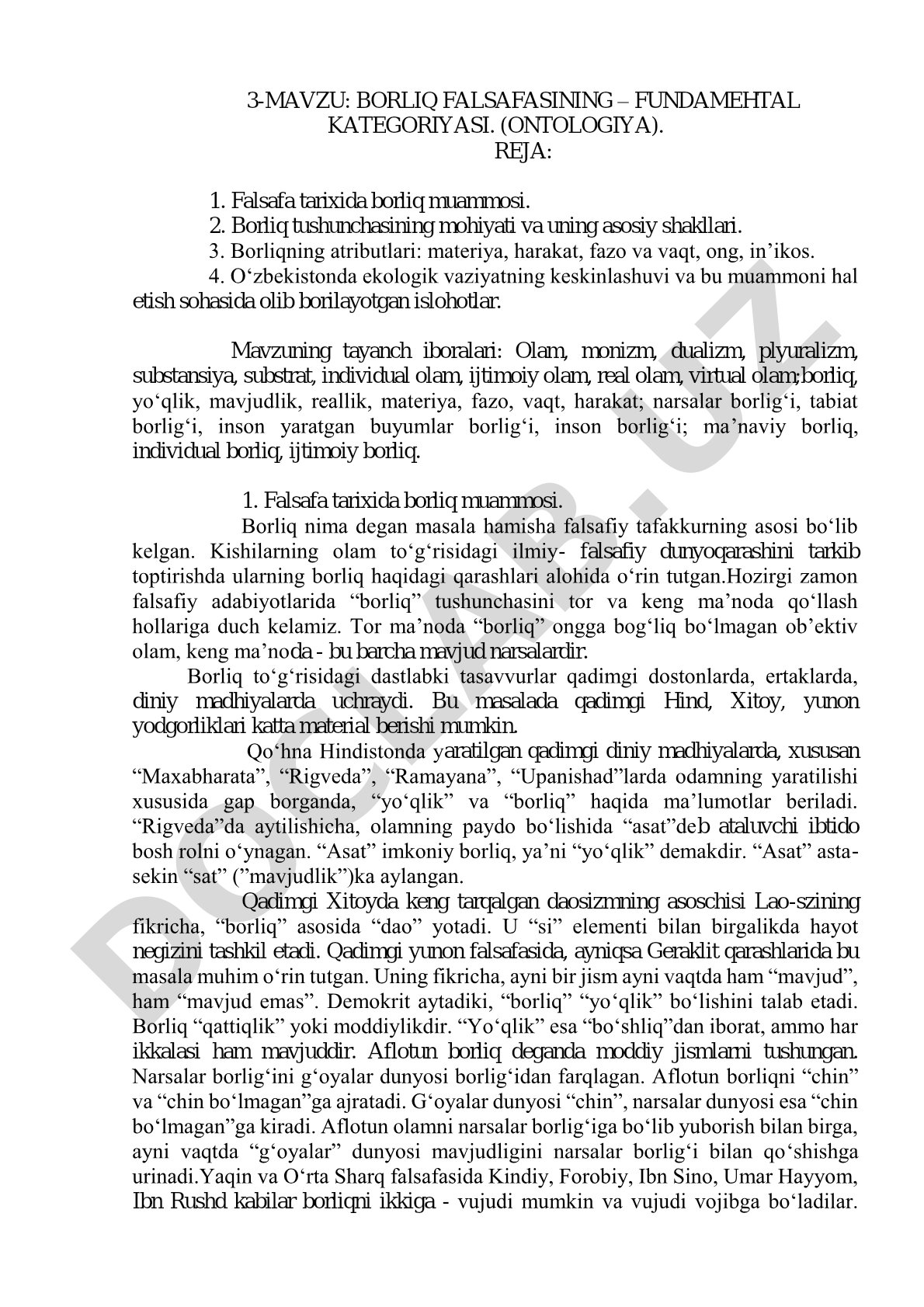 Borliq falsafasining fundamental kategoriyasi (Ontologiya)
