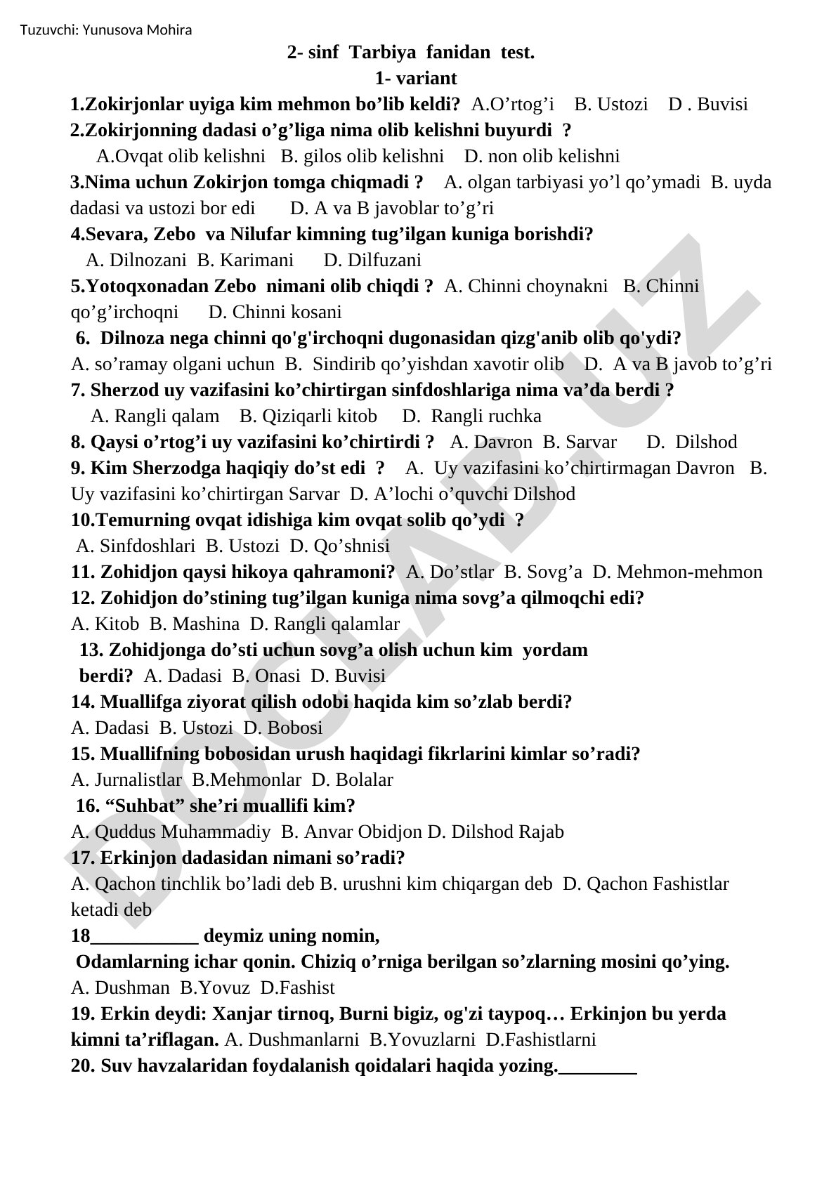 2-sinf Tarbiya fanidan test