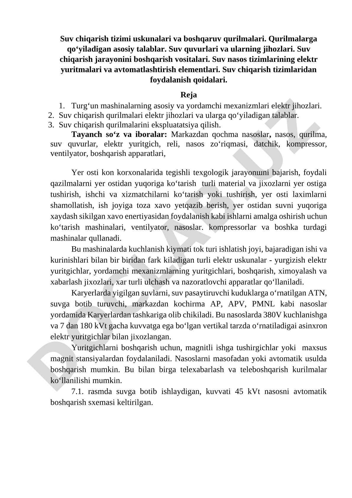 Suv chiqarish tizimi uskunalari va boshqaruv qurilmalari