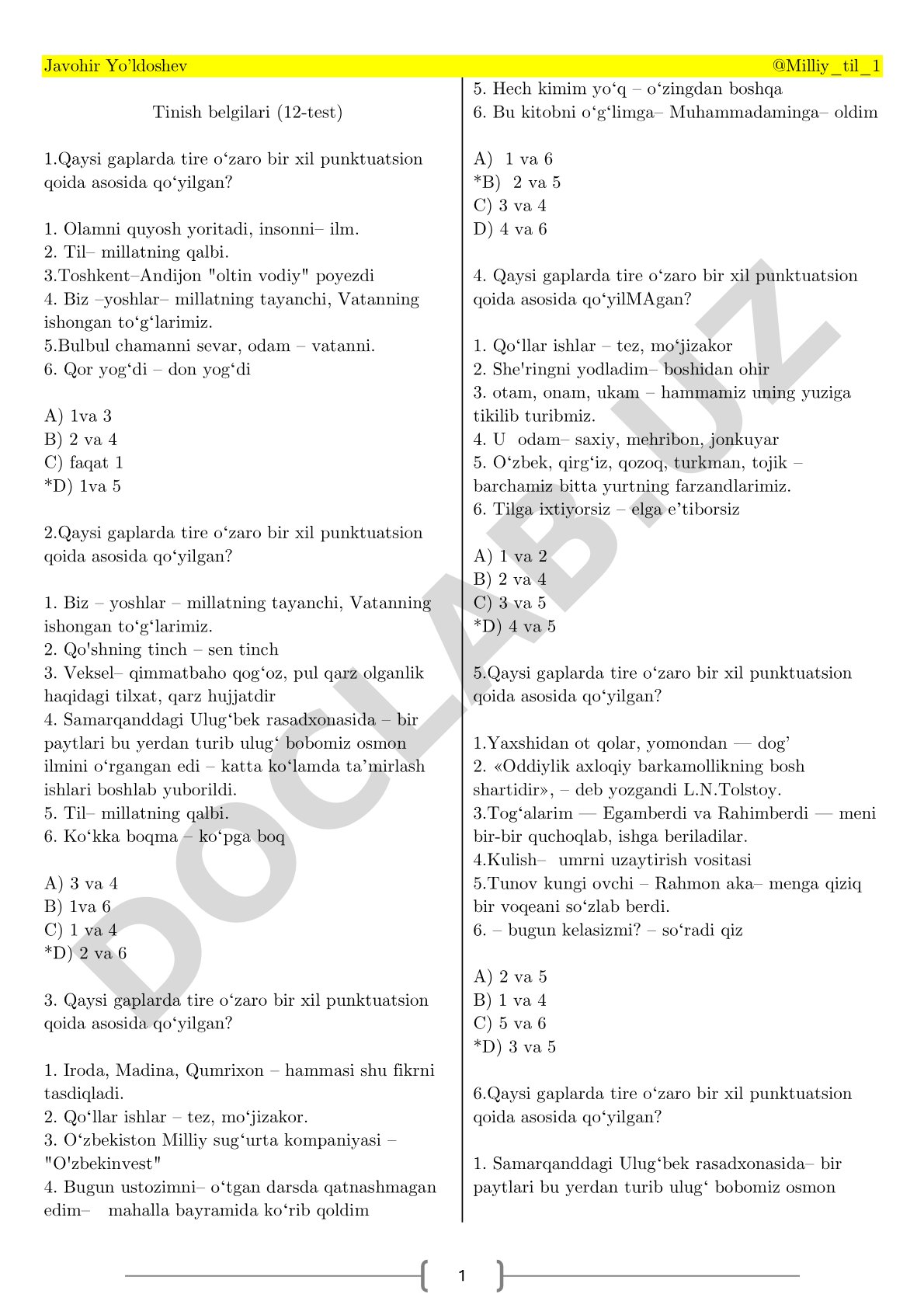 Tinish belgilari (12-test)