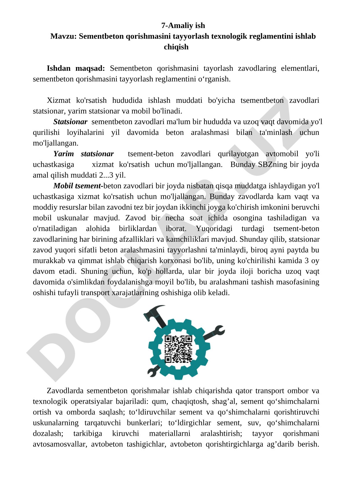 Sementbeton qorishmasini tayyorlash texnologik reglamentini ishlab chiqish