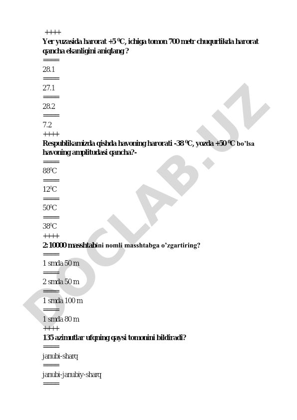 Geografiya fanidan test savollari va javoblari