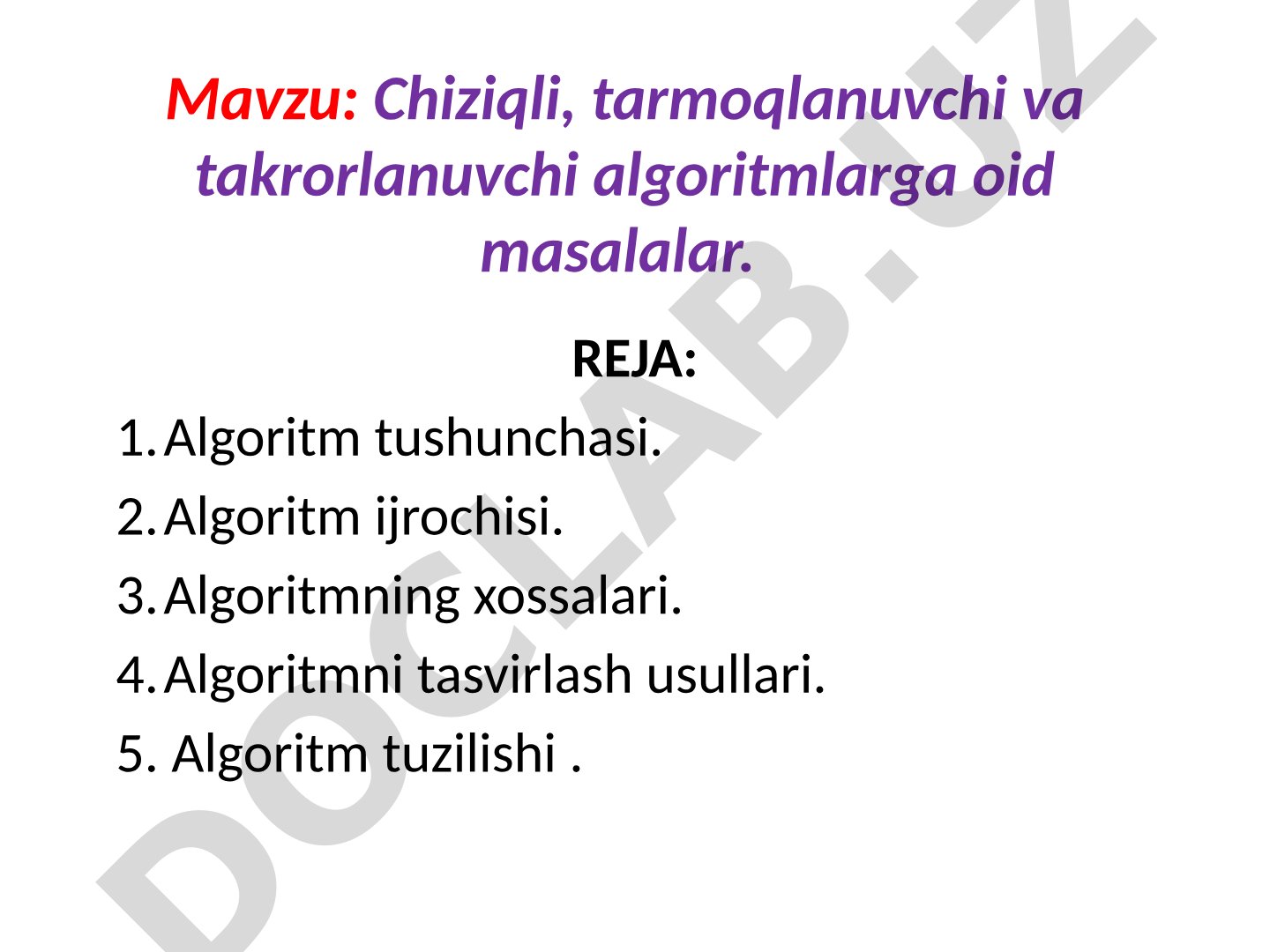 Chiziqli, tarmoqlanuvchi va takrorlanuvchi algoritmlarga oid masalalar