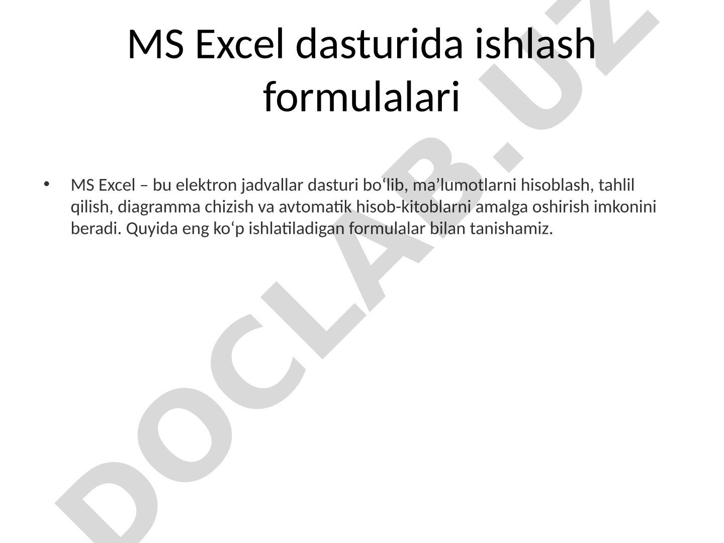 MS Excel dasturida ishlash formulalari