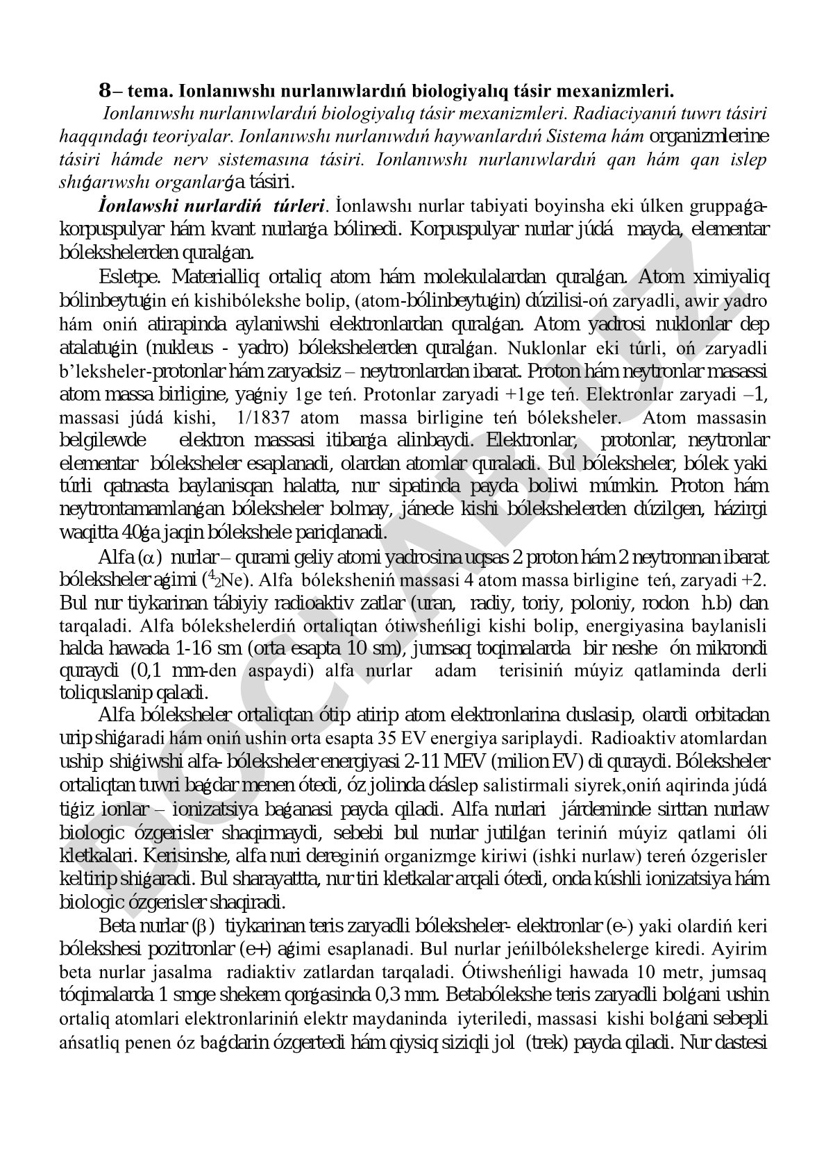 Ionlanıwshı nurlanıwlardıń biologiyalıq tásir mexanizmleri