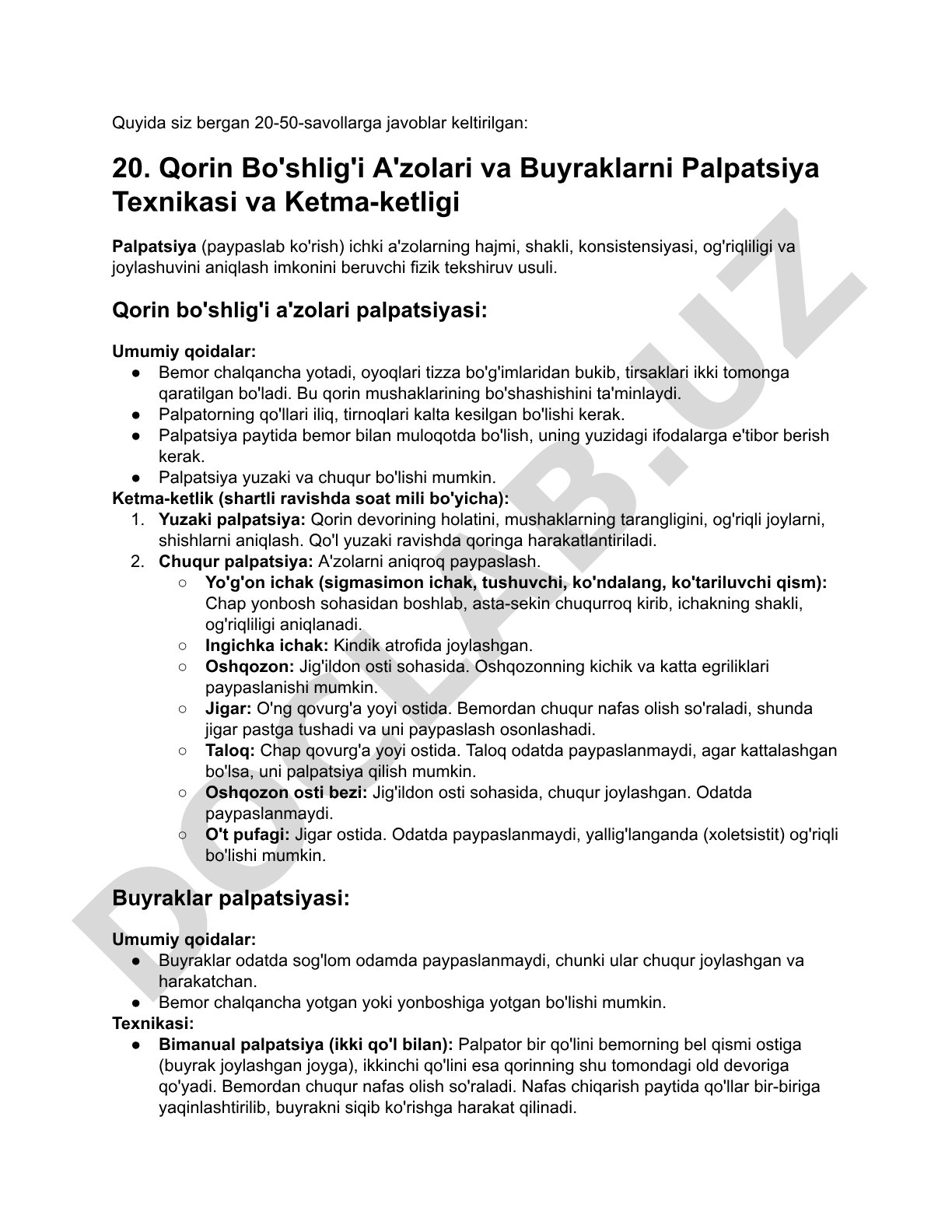 Qorin bo'shlig'i a'zolari va buyraklarni palpatsiya texnikasi va ketma-ketligi