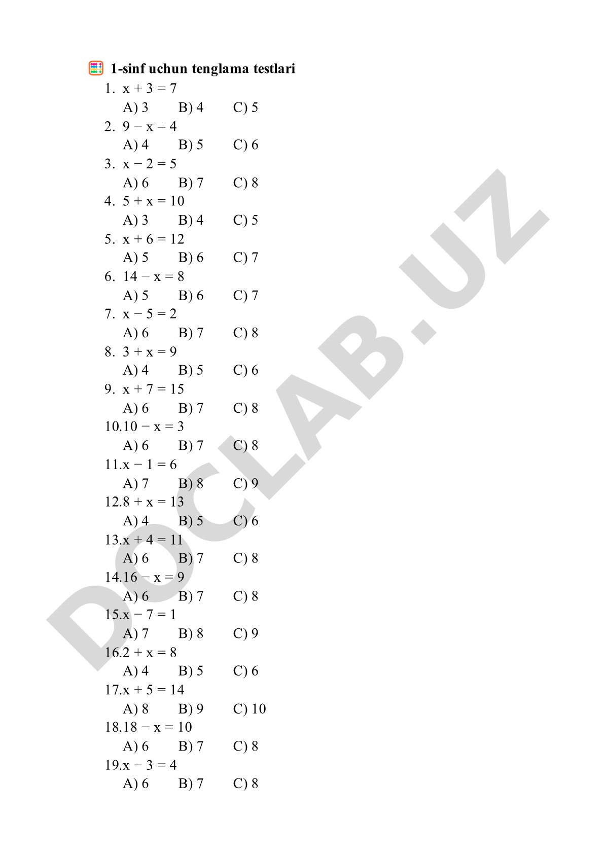 1-2 sinflar uchun tenglama testlari