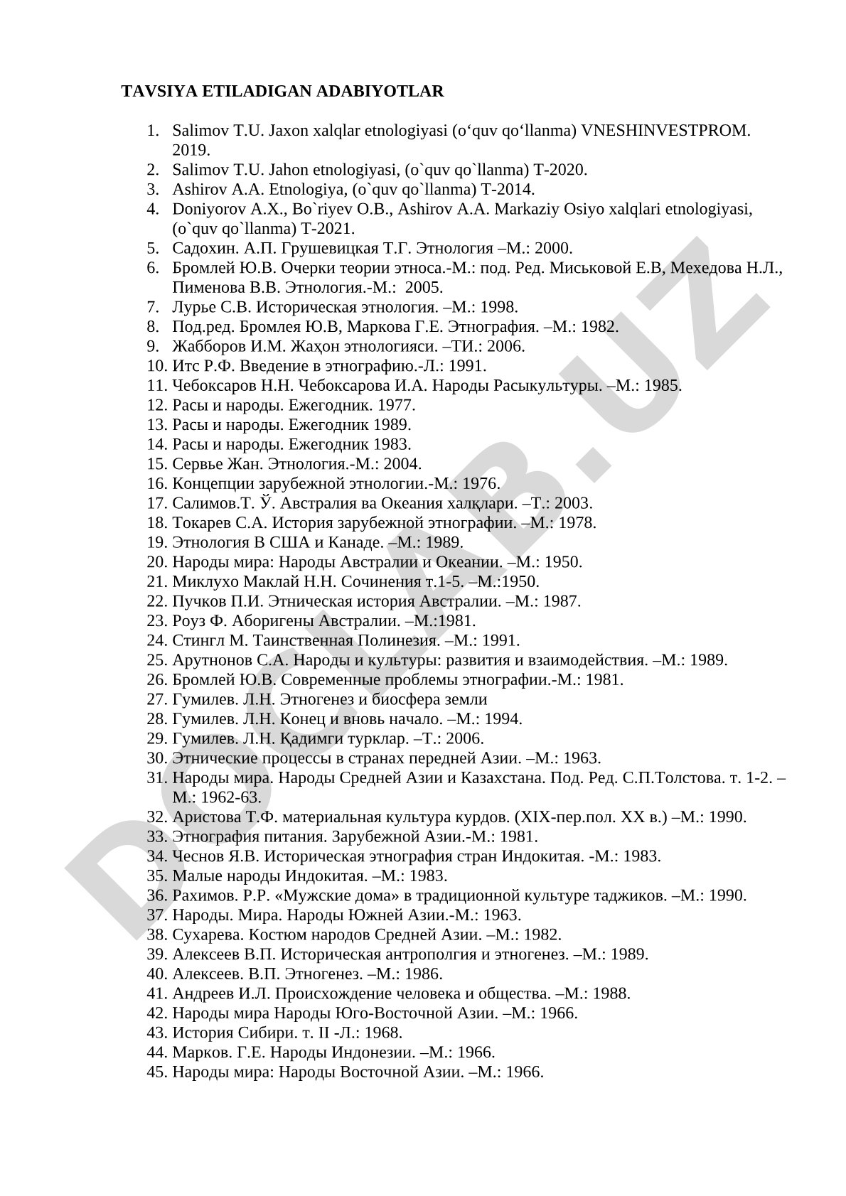 Etnologiya fanidan tavsiya etilgan adabiyotlar