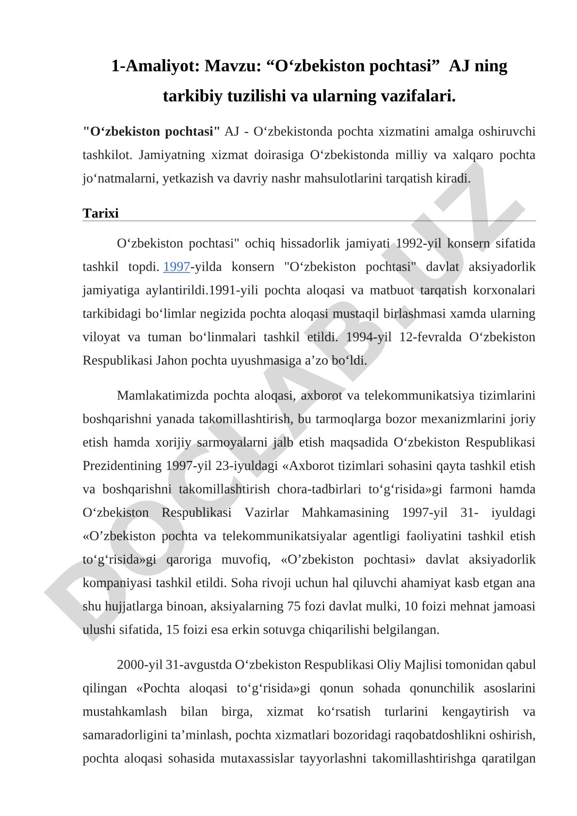 O‘zbekiston pochtasi AJ ning tarkibiy tuzilishi va ularning vazifalari
