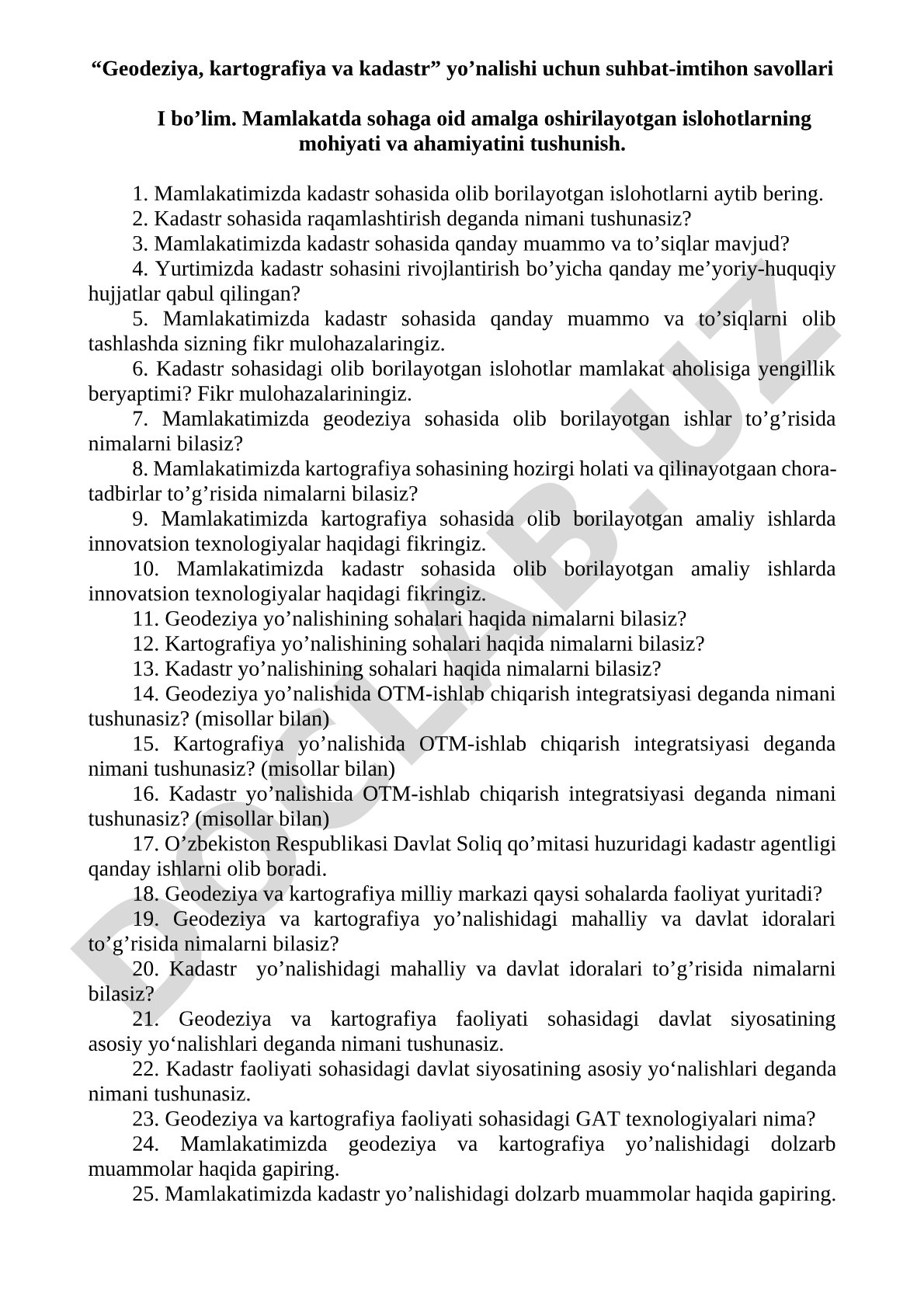 Geodeziya, kartografiya va kadastr yo'nalishi uchun suhbat-imtihon savollari I bo'lim