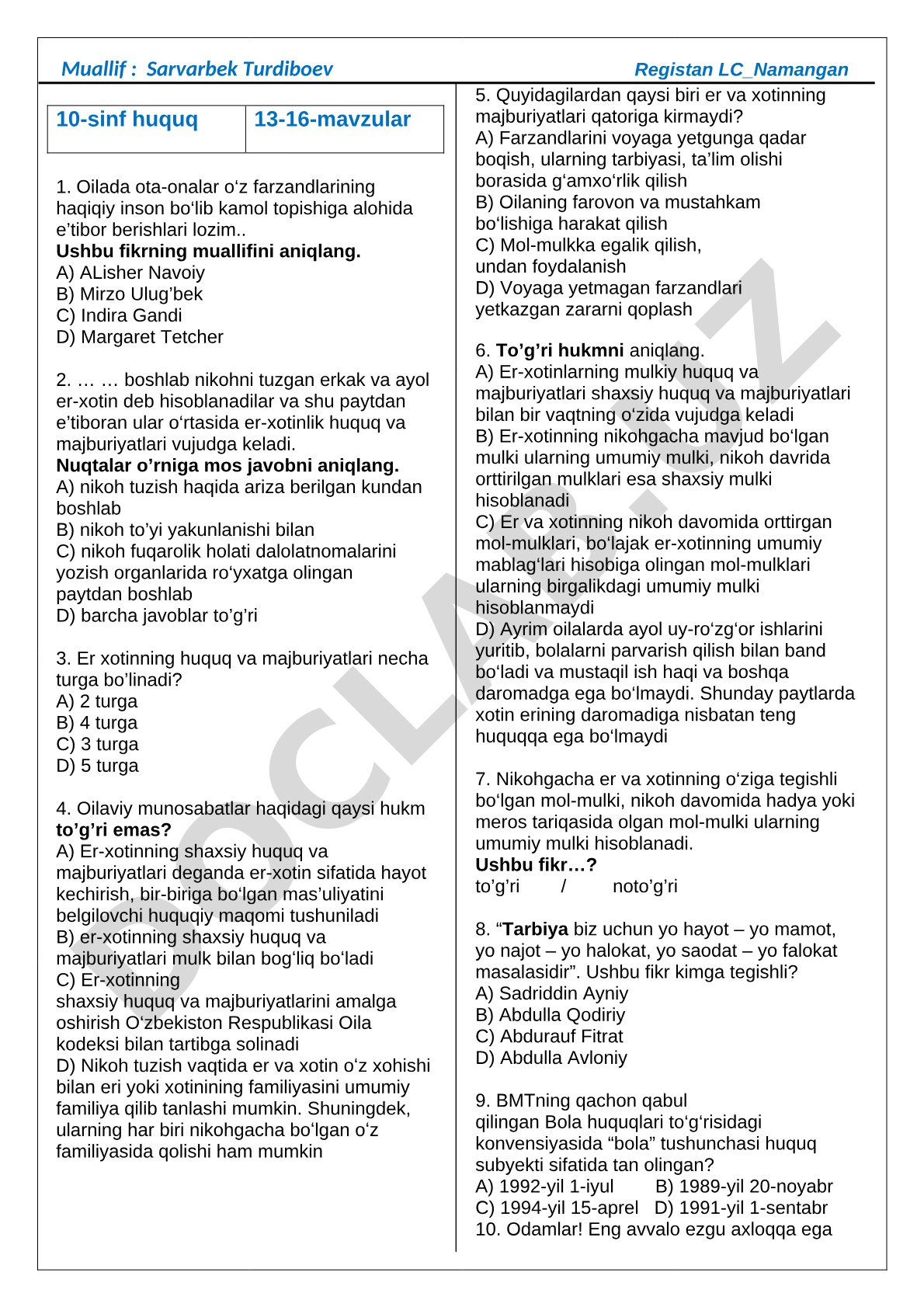 Oila huquqi 10-sinf test savollari