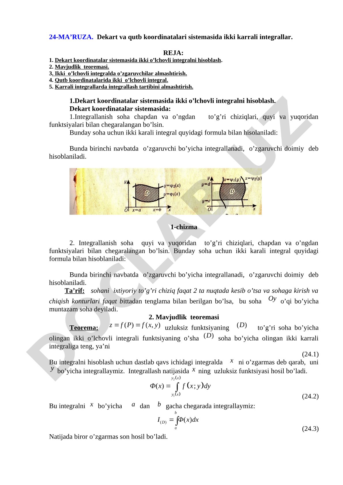 Dekart va qutb koordinatalari sistemasida ikki karrali integrallar