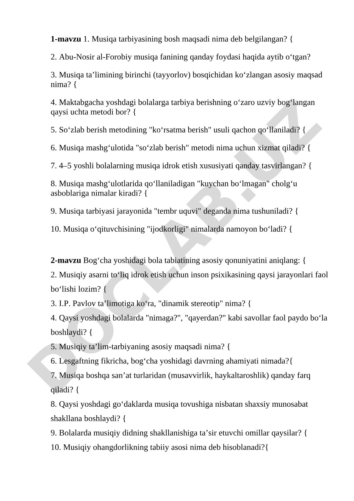 Musiqa tarbiyasi fanidan test savollari