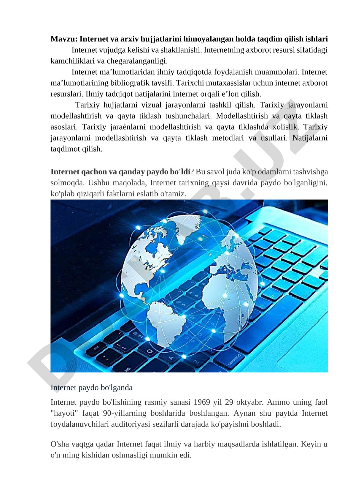 Internet va arxiv hujjatlarini himoyalangan holda taqdim qilish ishlari Internet vujudga kelishi va shakllanishi.
