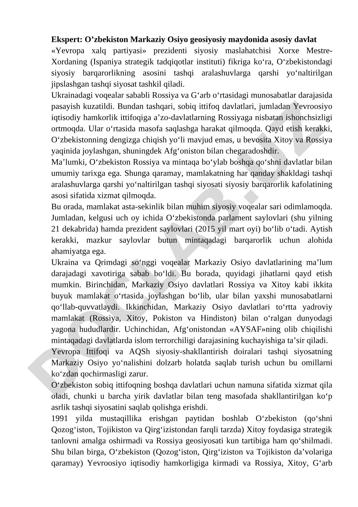 O‘zbekistonning geosiyosiy pozitsiyasi va tashqi siyosati