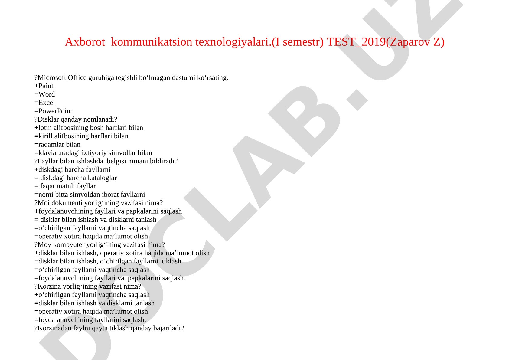 Axborot kommunikatsion texnologiyalari testi