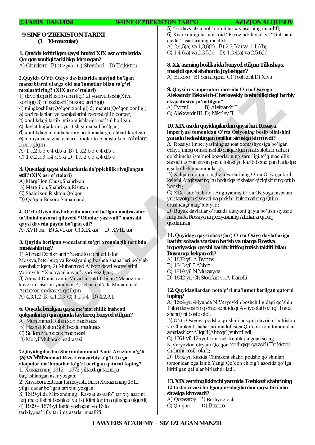 9-sinf O'zbekiston tarixi (1-10-mavzular)