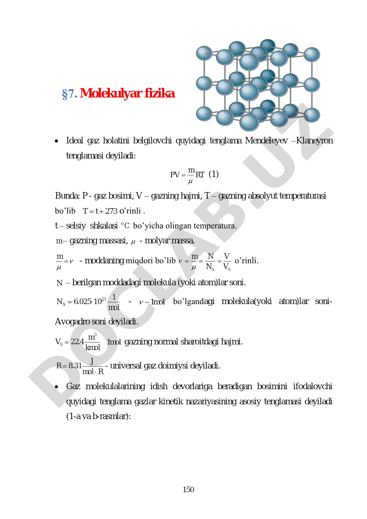 Ideal gaz holat tenglamasi va kinetik nazariya asoslari