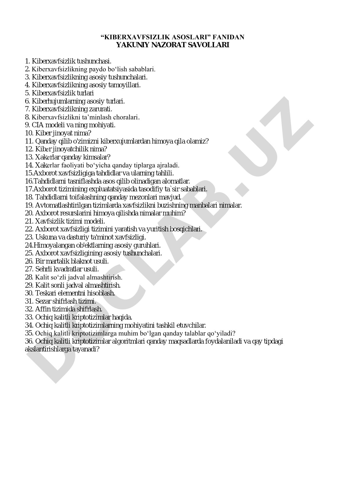 Kiberxavfsizlik asoslari fanidan yakuniy nazorat savollari