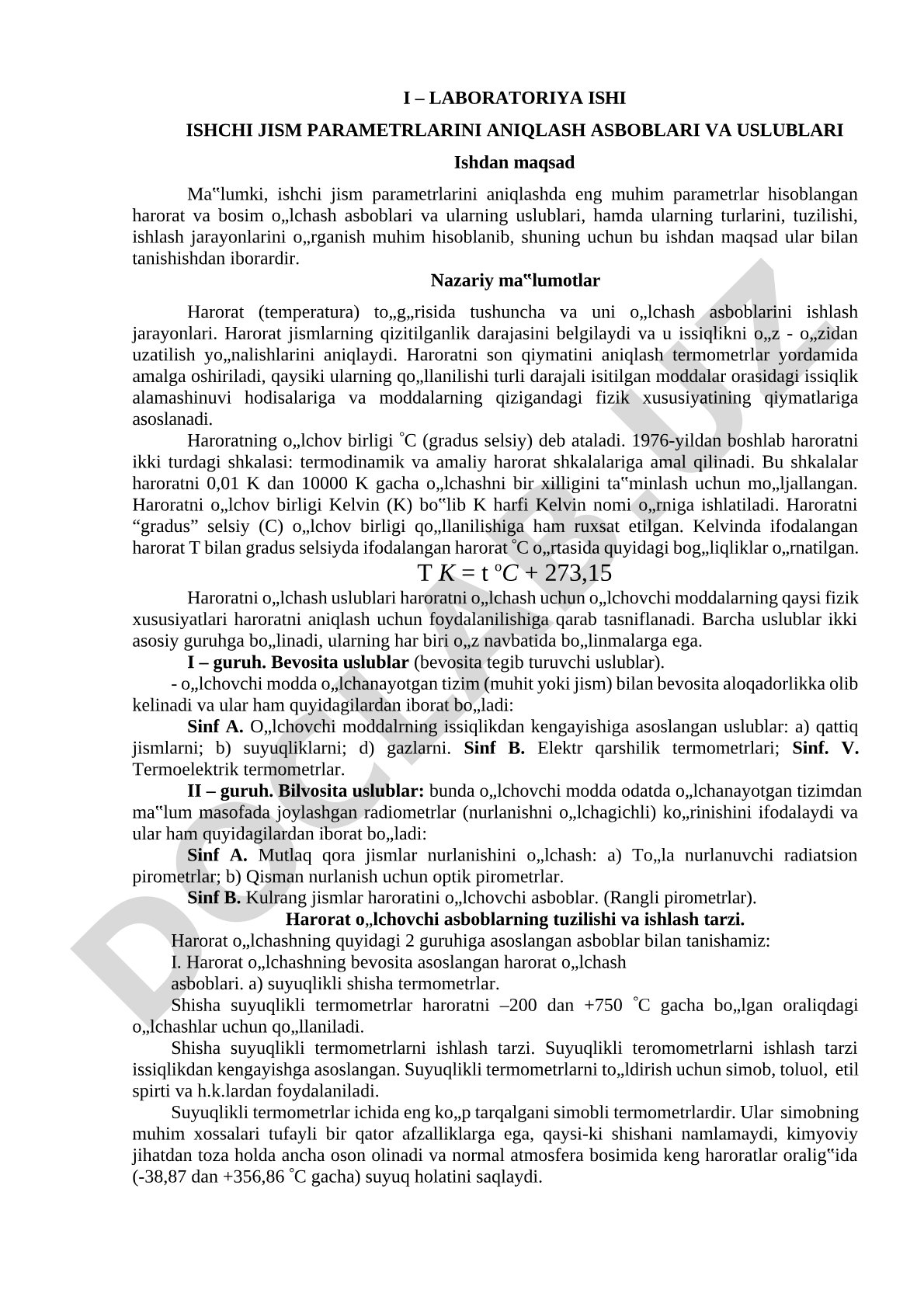 Ishchi jism parametrlarini aniqlash asboblari va uslublari