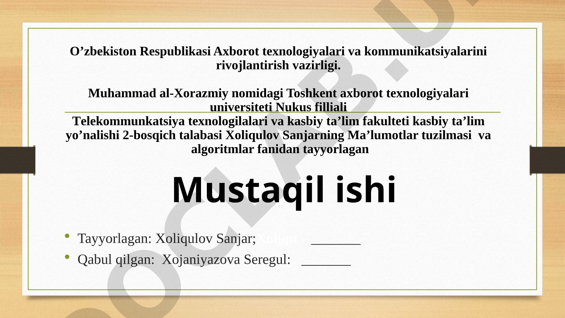 Ma'lumotlar tuzilmasi va algoritmlar fanidan mustaqil ish: Ma'lumotlarni modeli va ularni o'ganish
