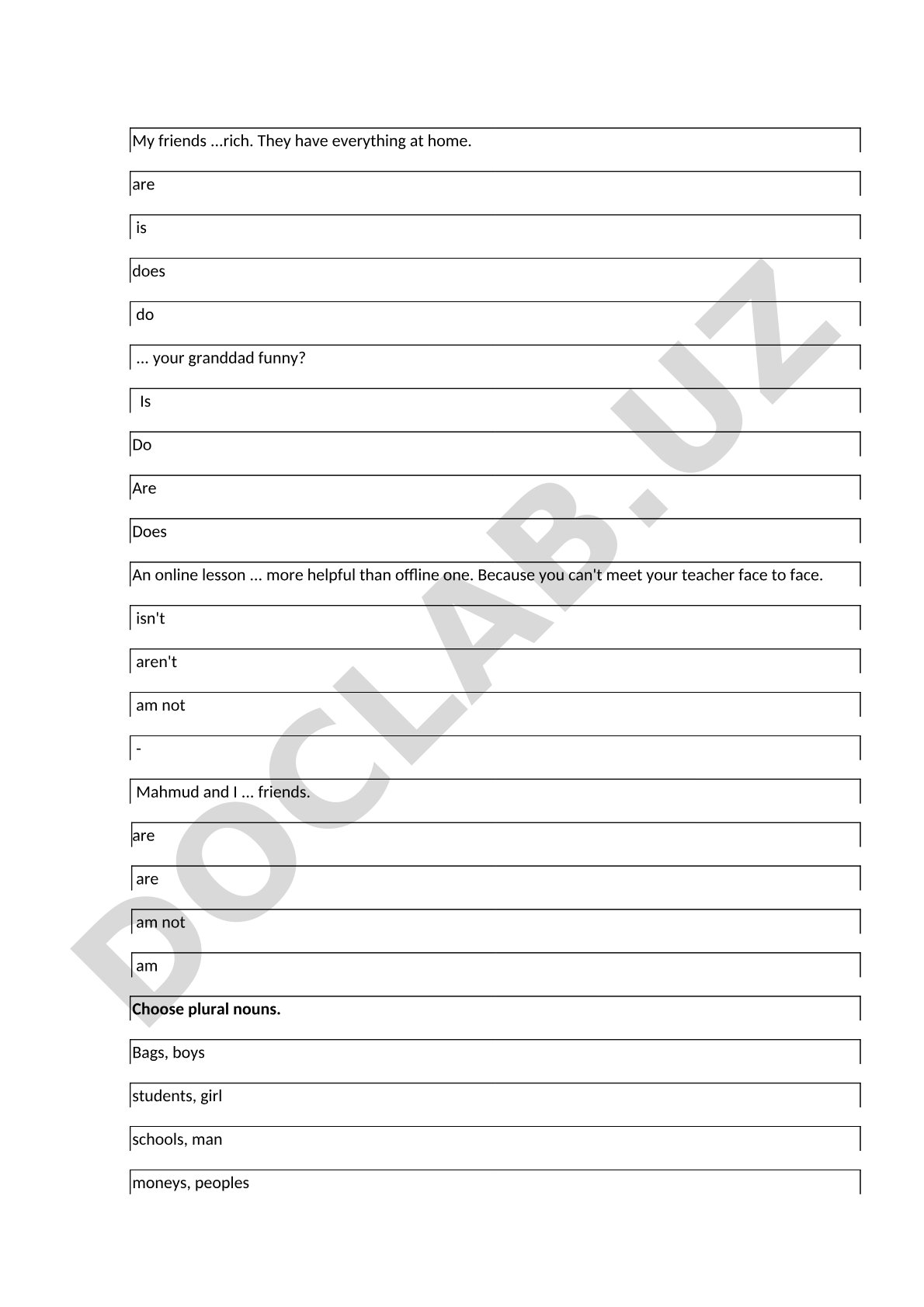 Ingliz tili grammatikasi test topshiriqlari
