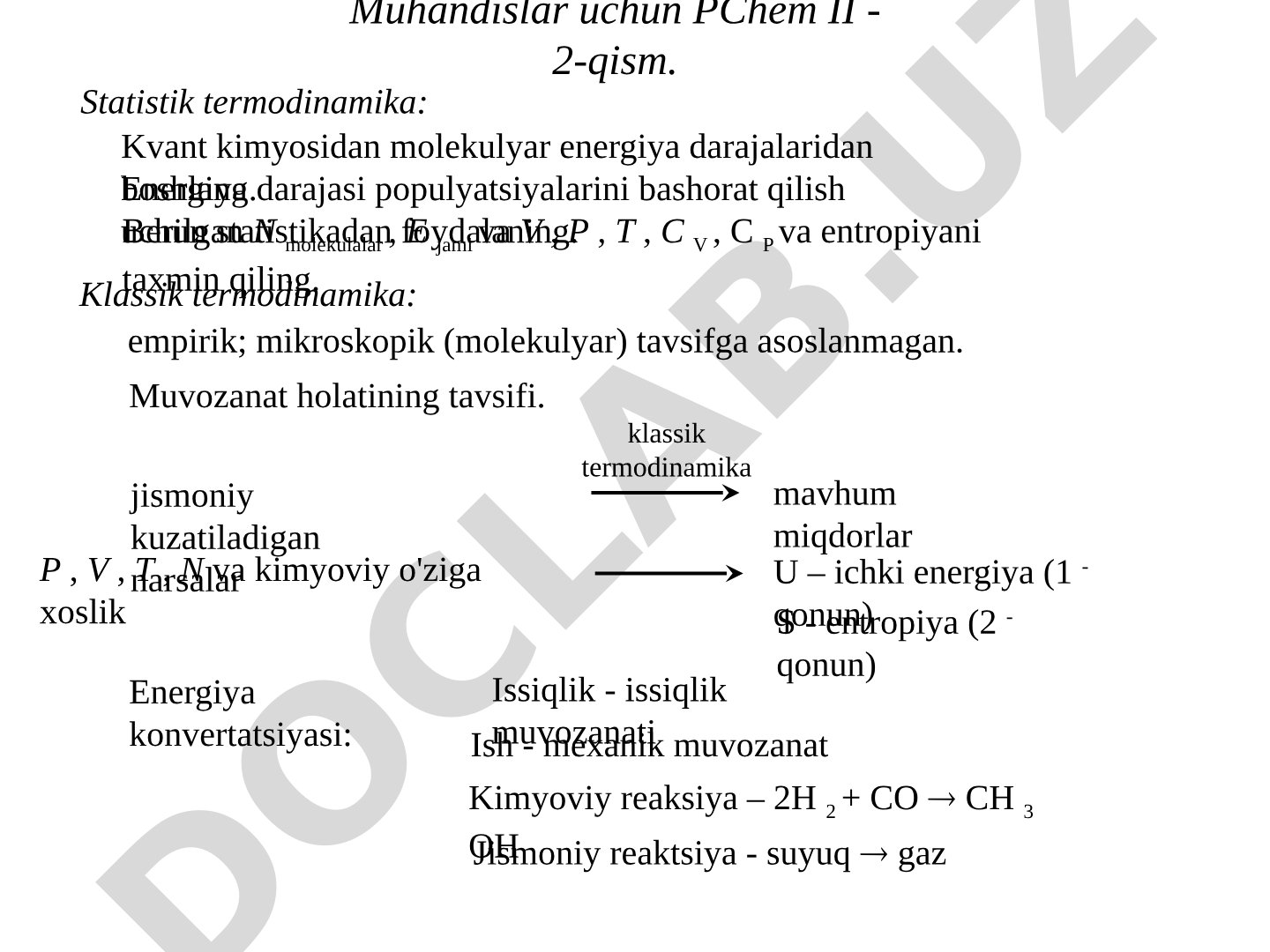 Muhandislar uchun PChem II - 2-qism. Statistik termodinamika
