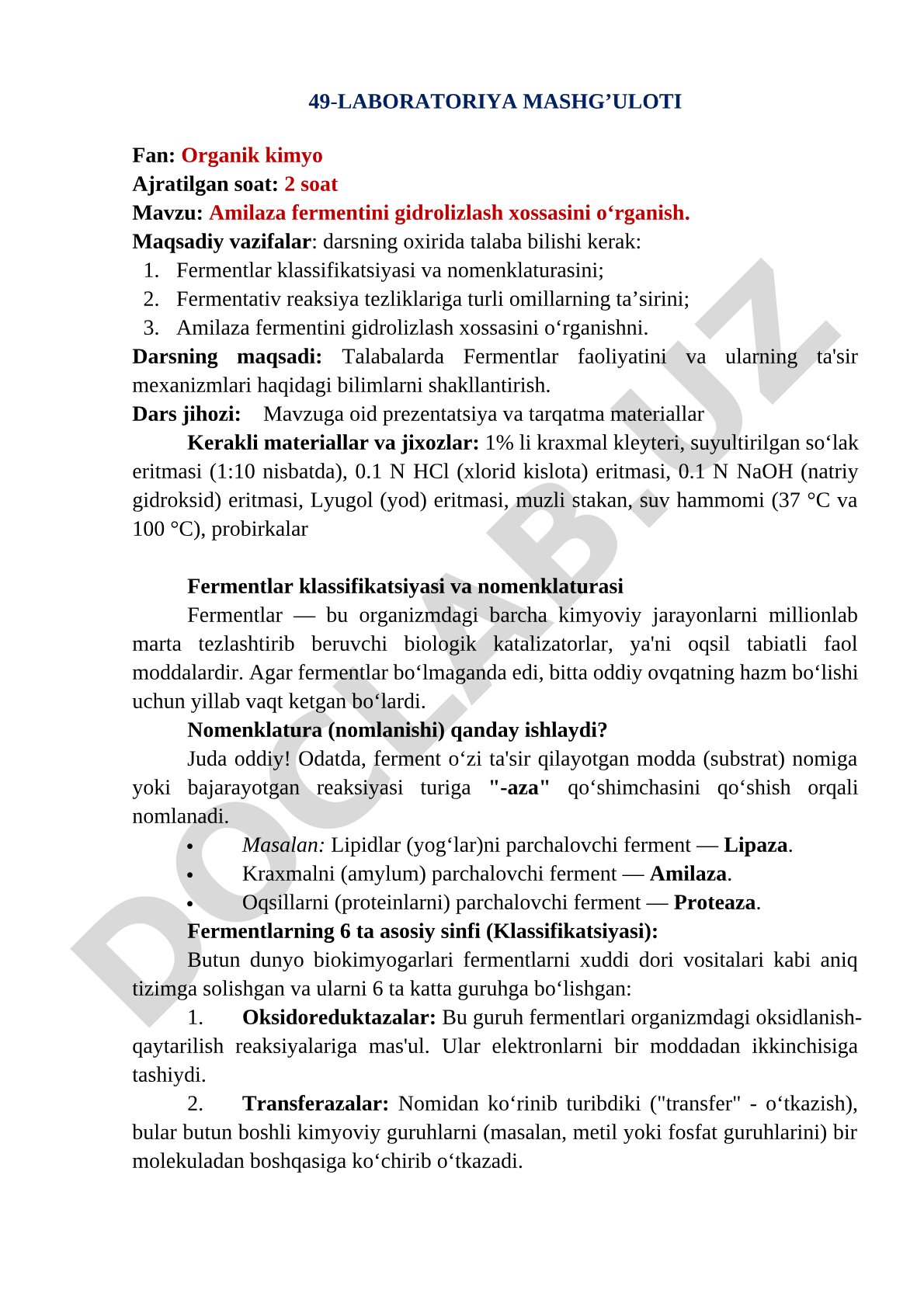 Amilaza fermentini gidrolizlash xossasini o‘rganish