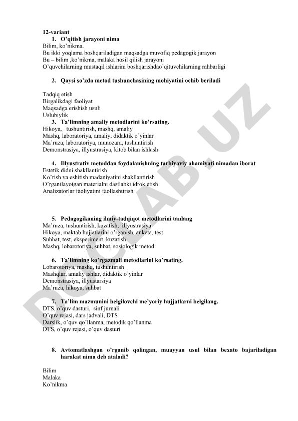 Pedagogika fanidan test savollari va javoblari