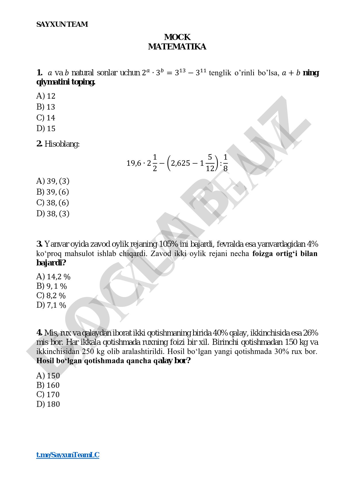 Matematika mock test savollari