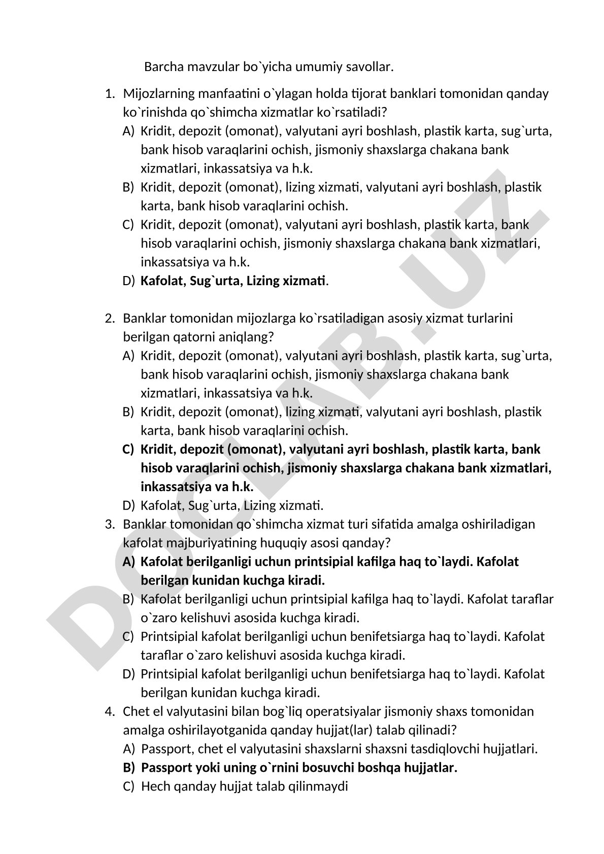 Banklarning mijozlarga ko'rsatadigan asosiy xizmat turlari