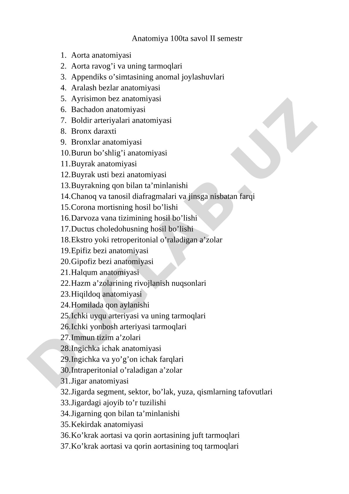 Anatomiya 100ta savol II semestr