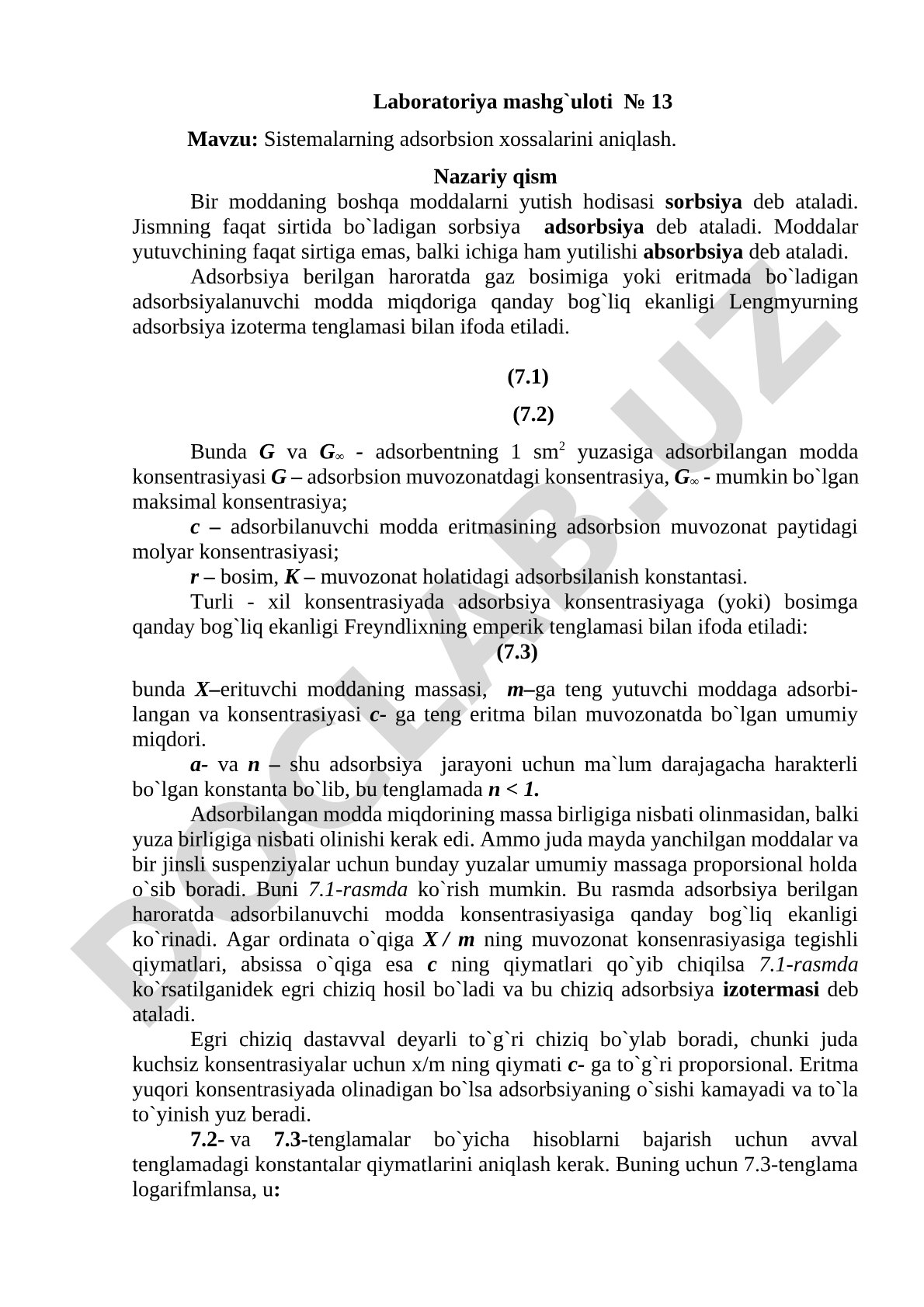 Sistemalarning adsorbsion xossalarini aniqlash