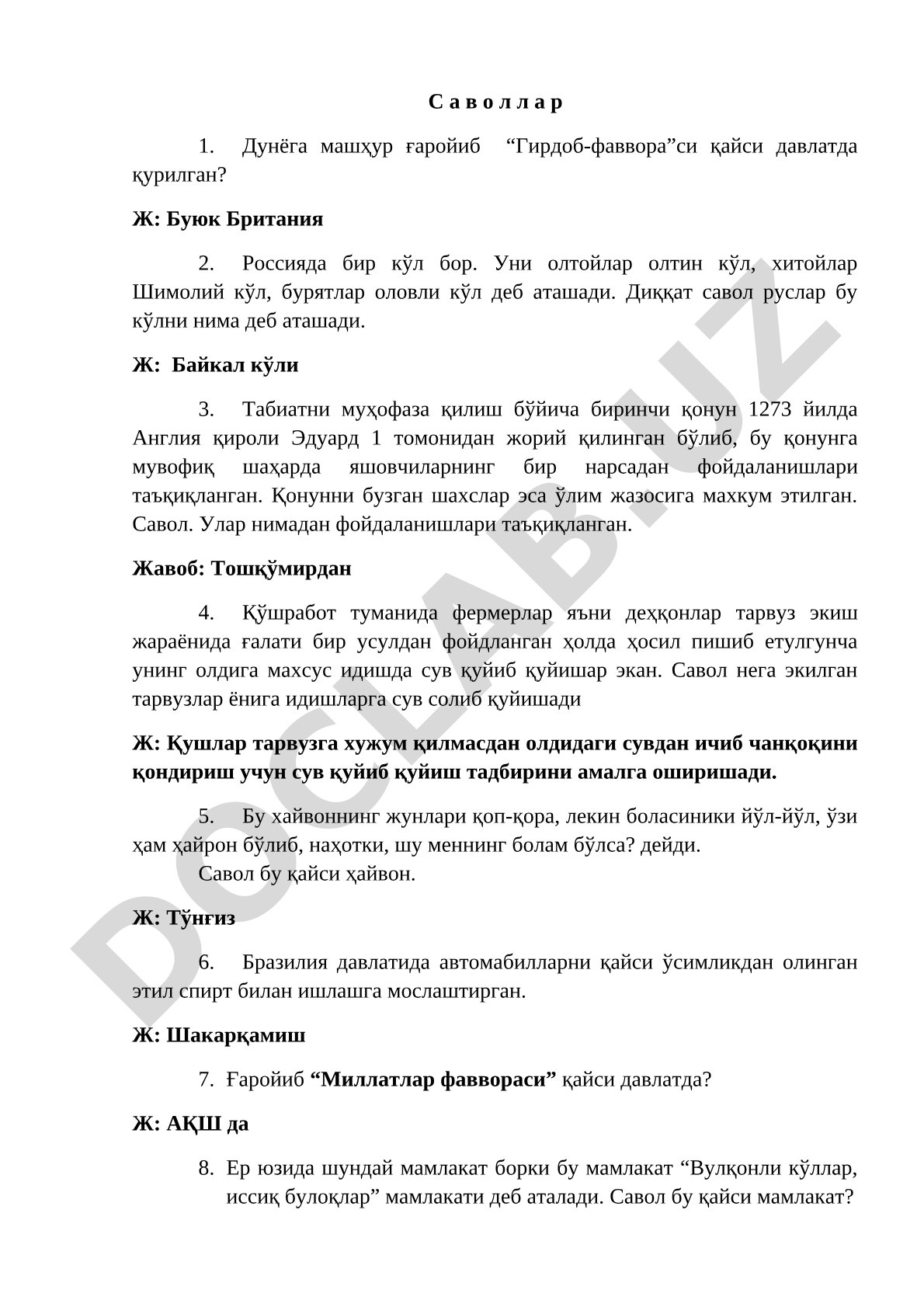 Dunyo bo'ylab qiziqarli savol-javoblar to'plami