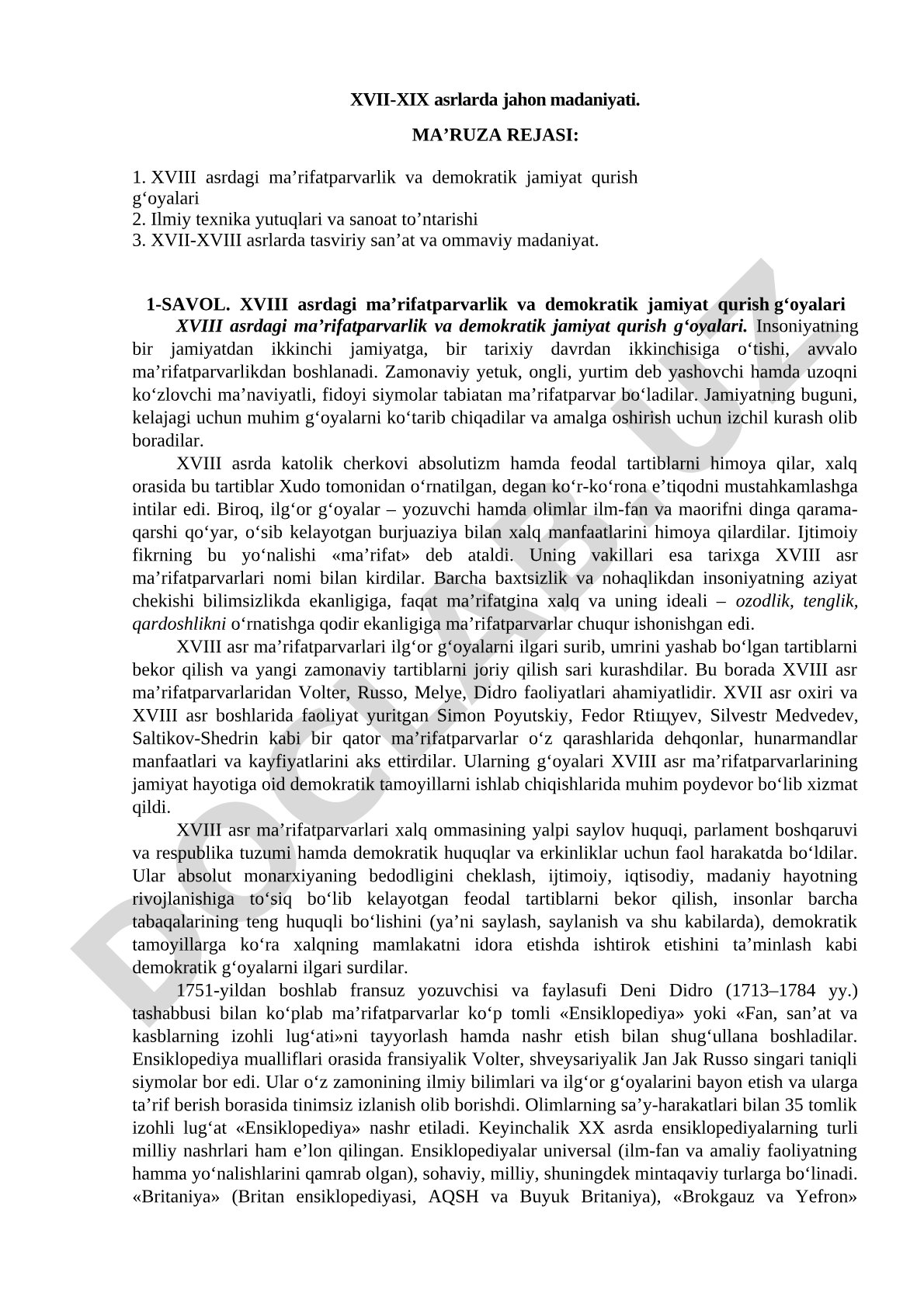XVII-XIX asrlarda jahon madaniyati