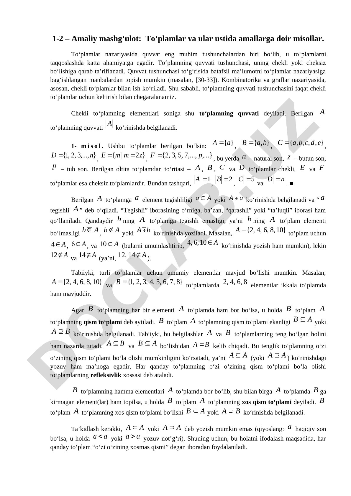 To‘plamlar va ular ustida amallarga doir misollar